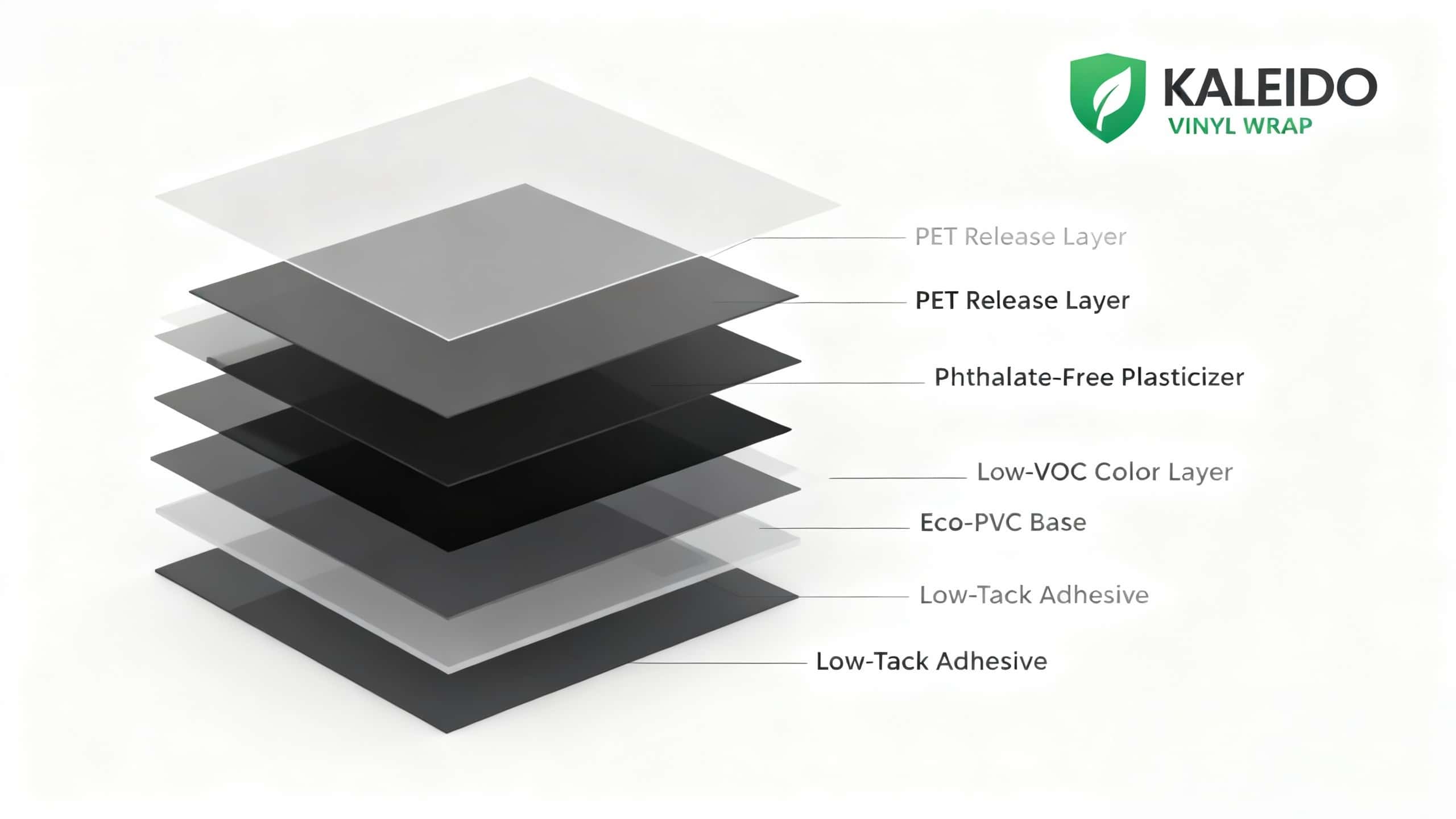 Kaleido Vinyl Wrap structure layers diagram, illustrating layers including PET Release Layers, Phthalate-Free Plasticizer, Low-VOC Color Layer, Eco-PVC Base, and Low-Tack Adhesives. Highlights the multi-layered construction for superior performance and eco-friendly design.