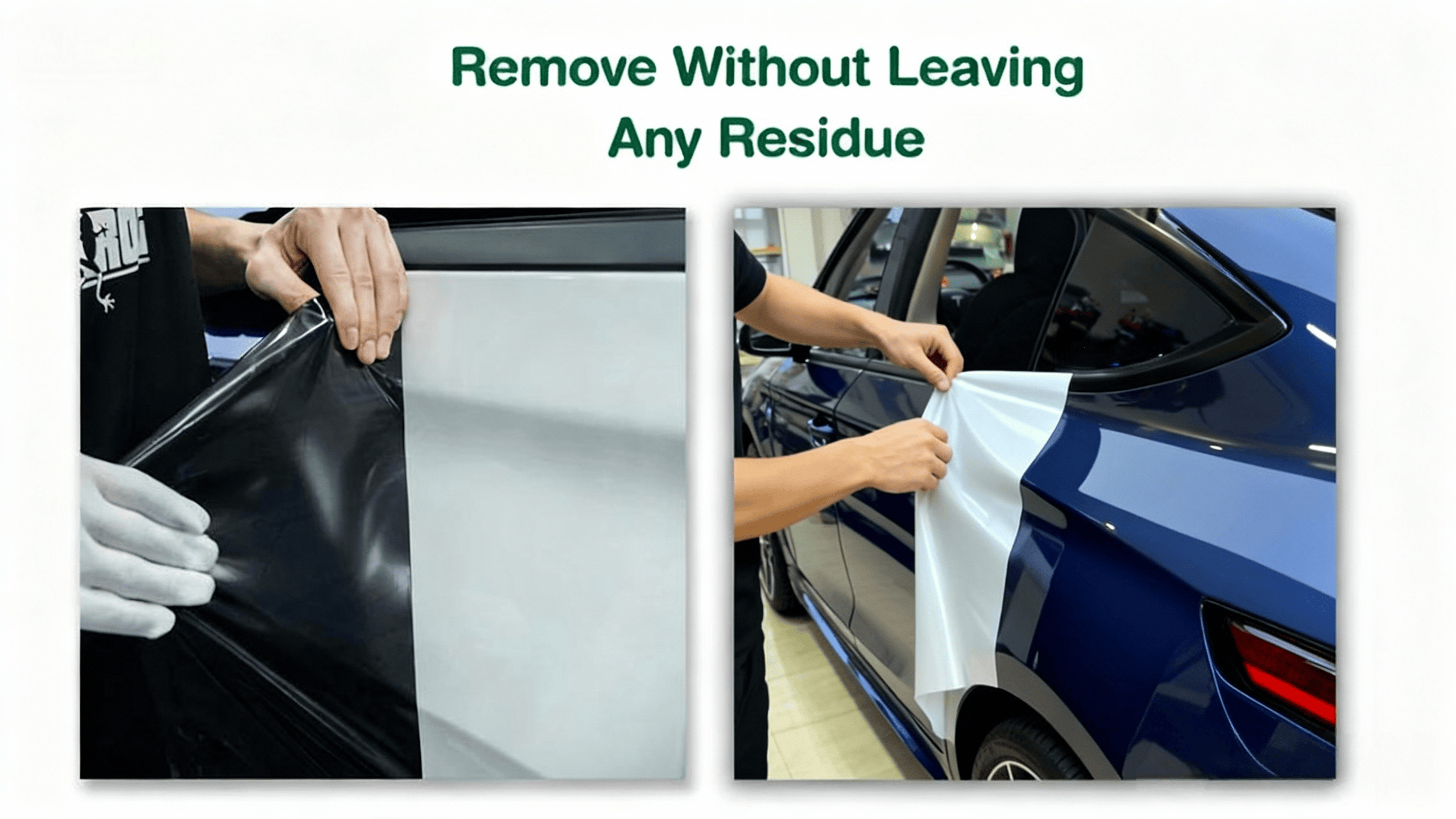 Car wrap film showcasing easy removal without leaving any residue. Left: Peeling black film with a clean, residue-free surface. Right: Effortlessly removing white film from a blue car, demonstrating hassle-free, residue-free peel-off for convenient DIY car wrapping.