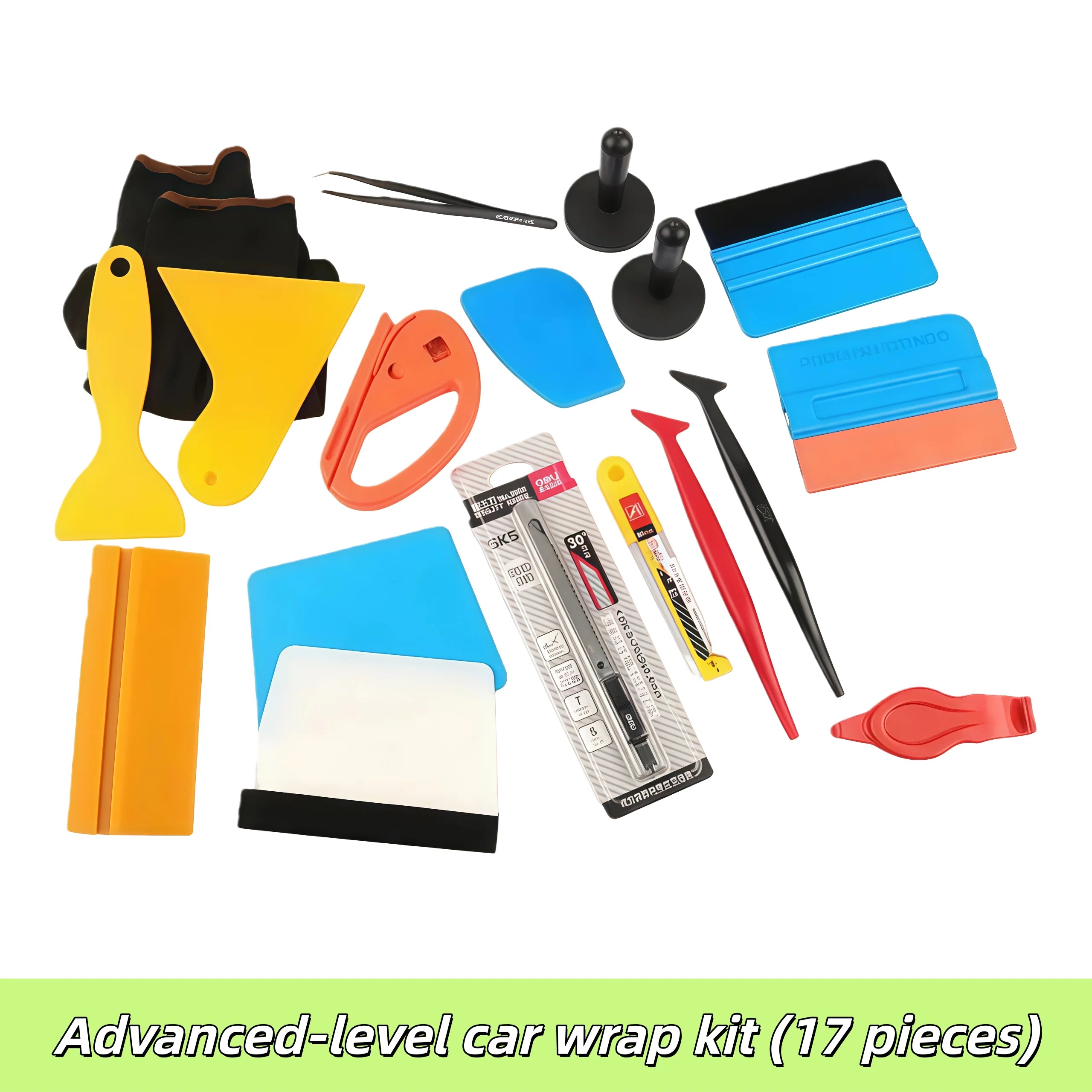 Advanced Car Wrap Tool Kit (17 pieces) on white background - Professional installation tools for vinyl wrap - Kaleido