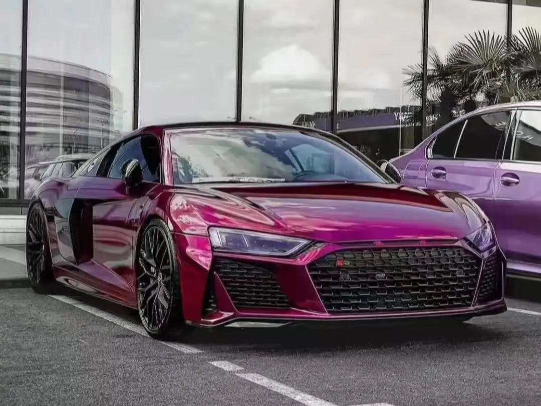 Audi R8 in Audi Pearl Grape gloss metallic vinyl wrap - front-right view of the supercar - Kaleido