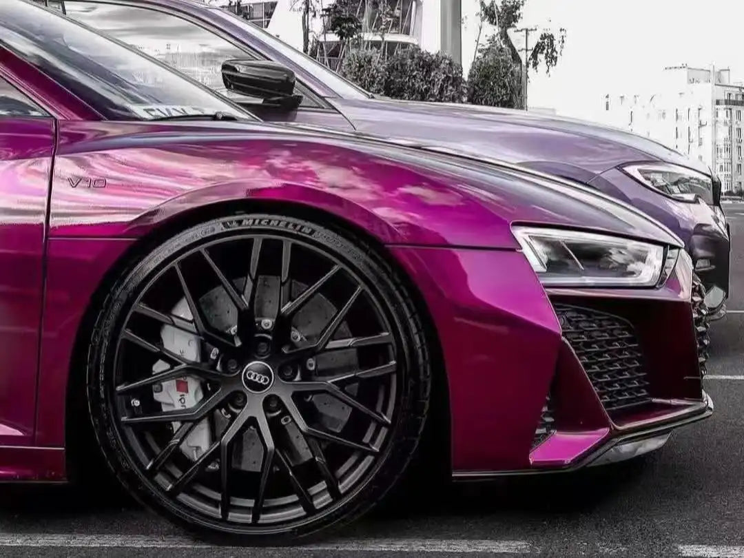 Audi Pearl Grape vinyl on the front-right corner of an Audi R8 - Kaleido