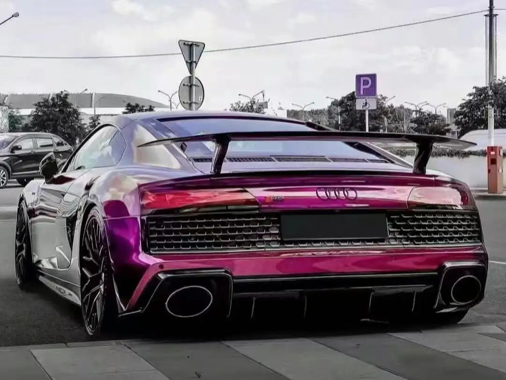 Rear view of Audi Pearl Grape gloss metallic wrap on the Audi R8 - showcasing rear design - Kaleido