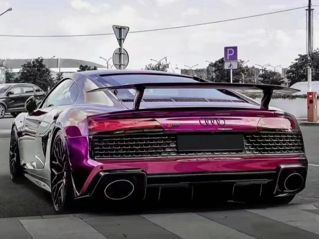 Rear view of Audi Pearl Grape gloss metallic wrap on the Audi R8 - showcasing rear design - Kaleido