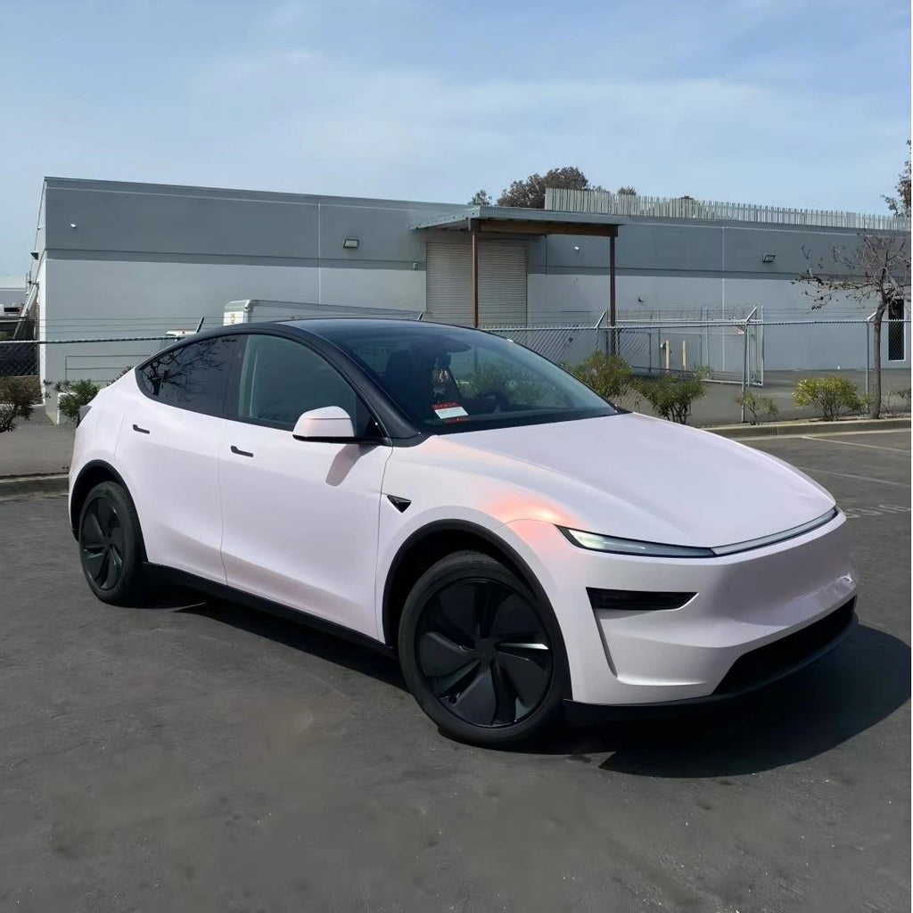 Wide front-right view of Blossom Whisper wrapped Tesla Model Y - showing full front fascia - Kaleido