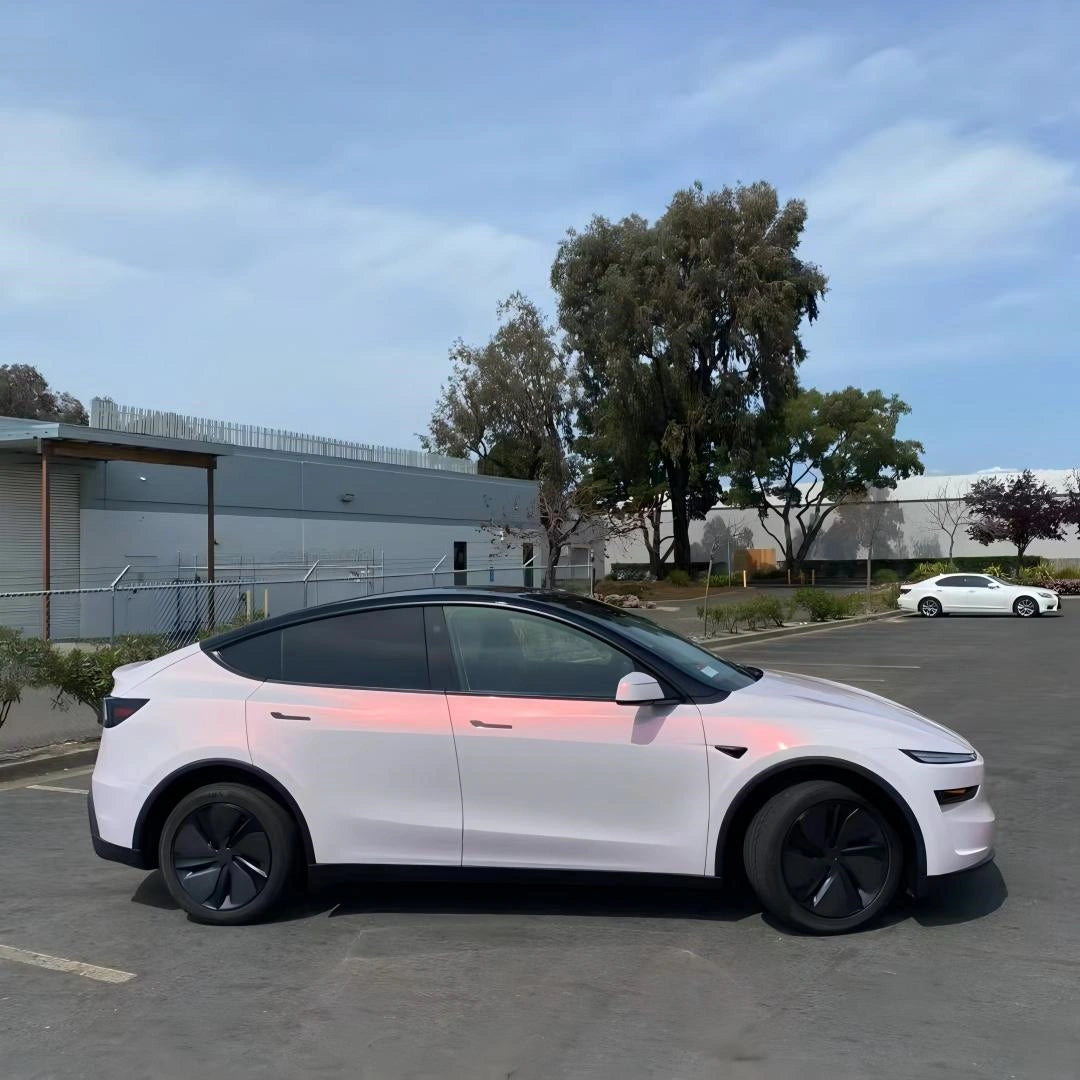 Full right side profile of Tesla Model Y with Blossom Whisper color shift wrap - Kaleido
