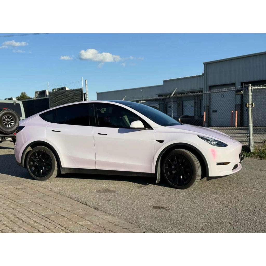 Tesla Model Y in Blossom Whisper color shift wrap - clean right side profile showing pink to white transition - Kaleido