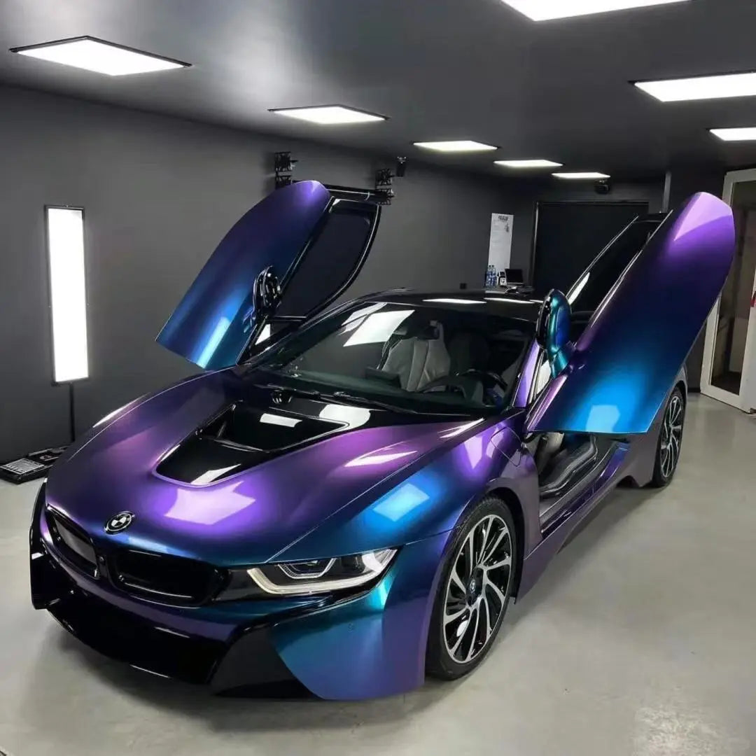BMW i8 in Diamond Purple Blue color shift wrap - front-left view showing purple to blue transition - Kaleido