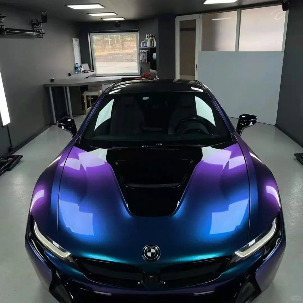 Top-front view of BMW i8 with Diamond Purple Blue color shift vinyl - hybrid sports car - Kaleido