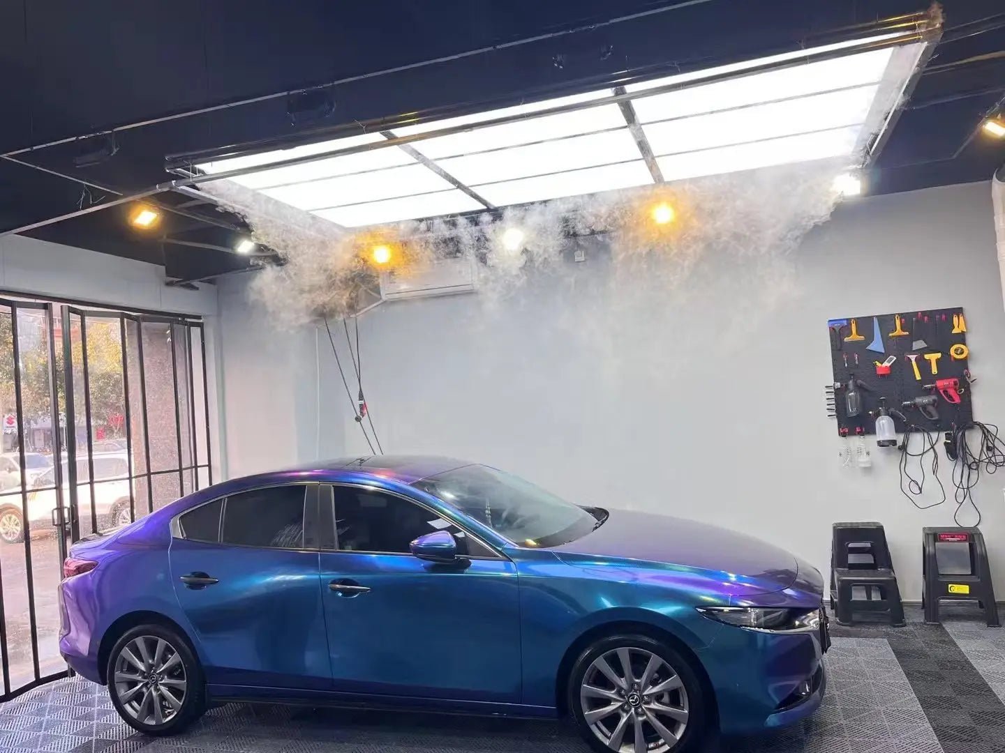 Right side profile of Mazda3 with Diamond Purple Blue color shift vinyl - compact sedan - Kaleido