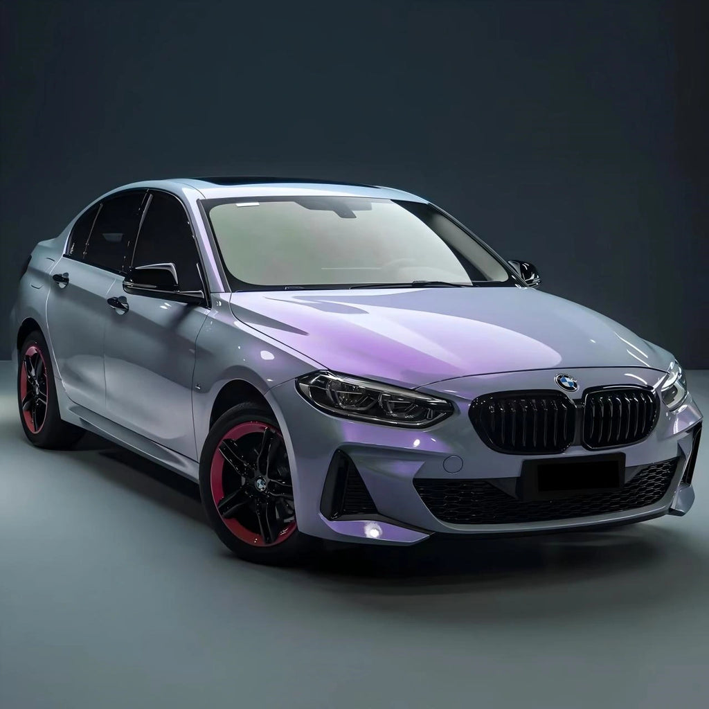 Dramatic 45-degree rear view of Mystic Violet wrapped BMW 3 Series - showcasing grey to purple transformation - Kaleido