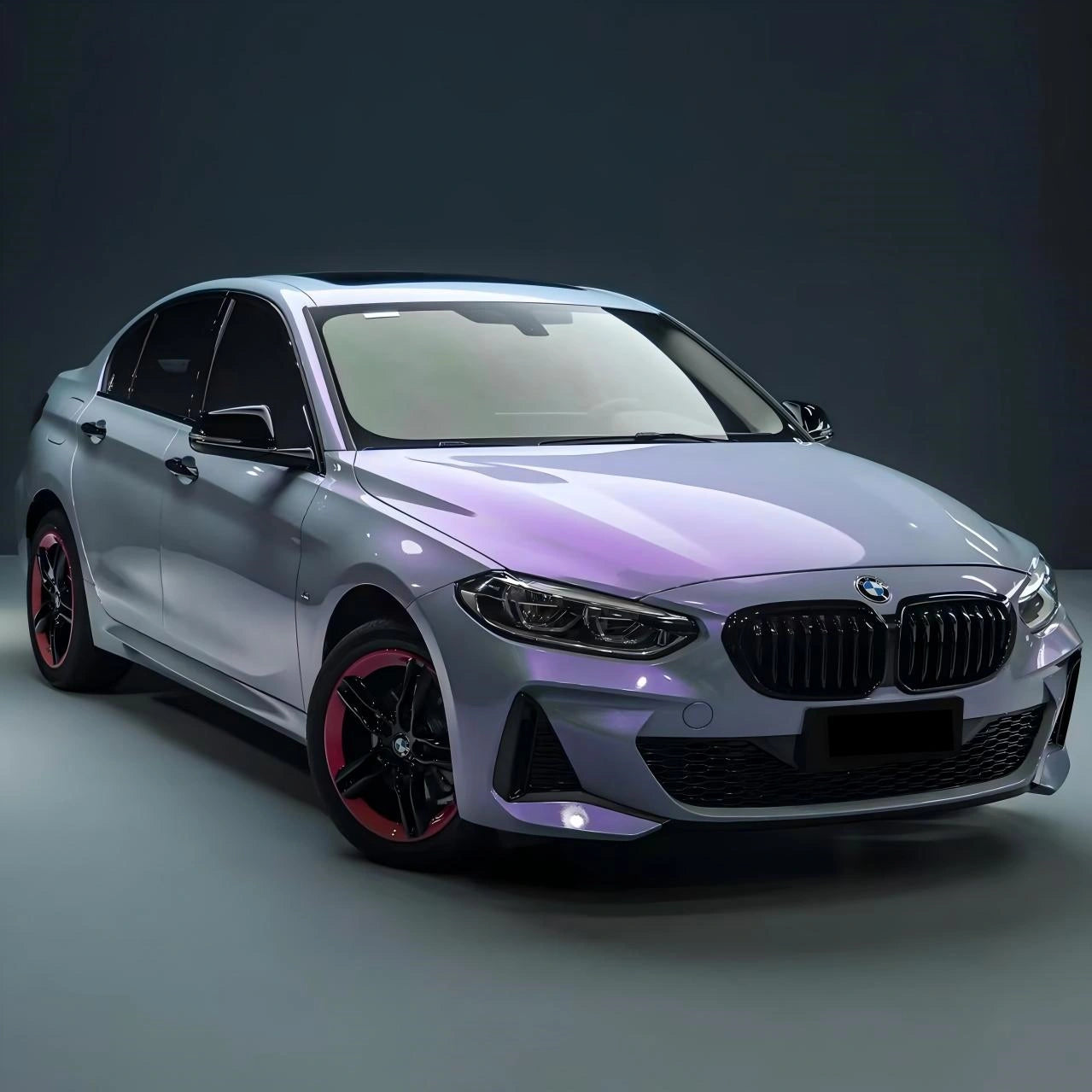 Dramatic 45-degree rear view of Mystic Violet wrapped BMW 3 Series - showcasing grey to purple transformation - Kaleido