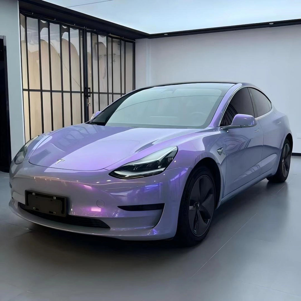 Mystic Violet color shift wrap on Tesla Model 3 - front-left view showing grey to purple transition - Kaleido