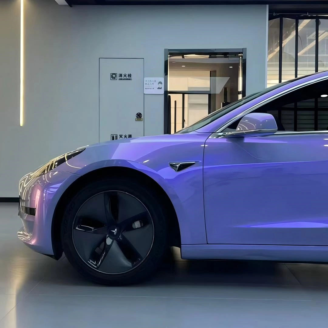 Close-up of Mystic Violet wrap on Tesla Model 3 front-left - color shift detail - Kaleido
