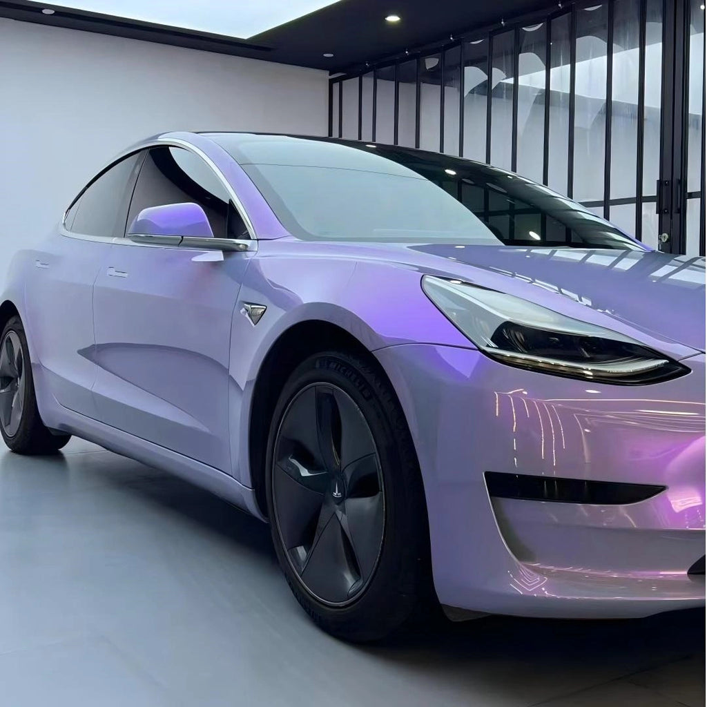 Tesla Model 3 in Mystic Violet color shift vinyl - front-right angle showcasing color change - Kaleido