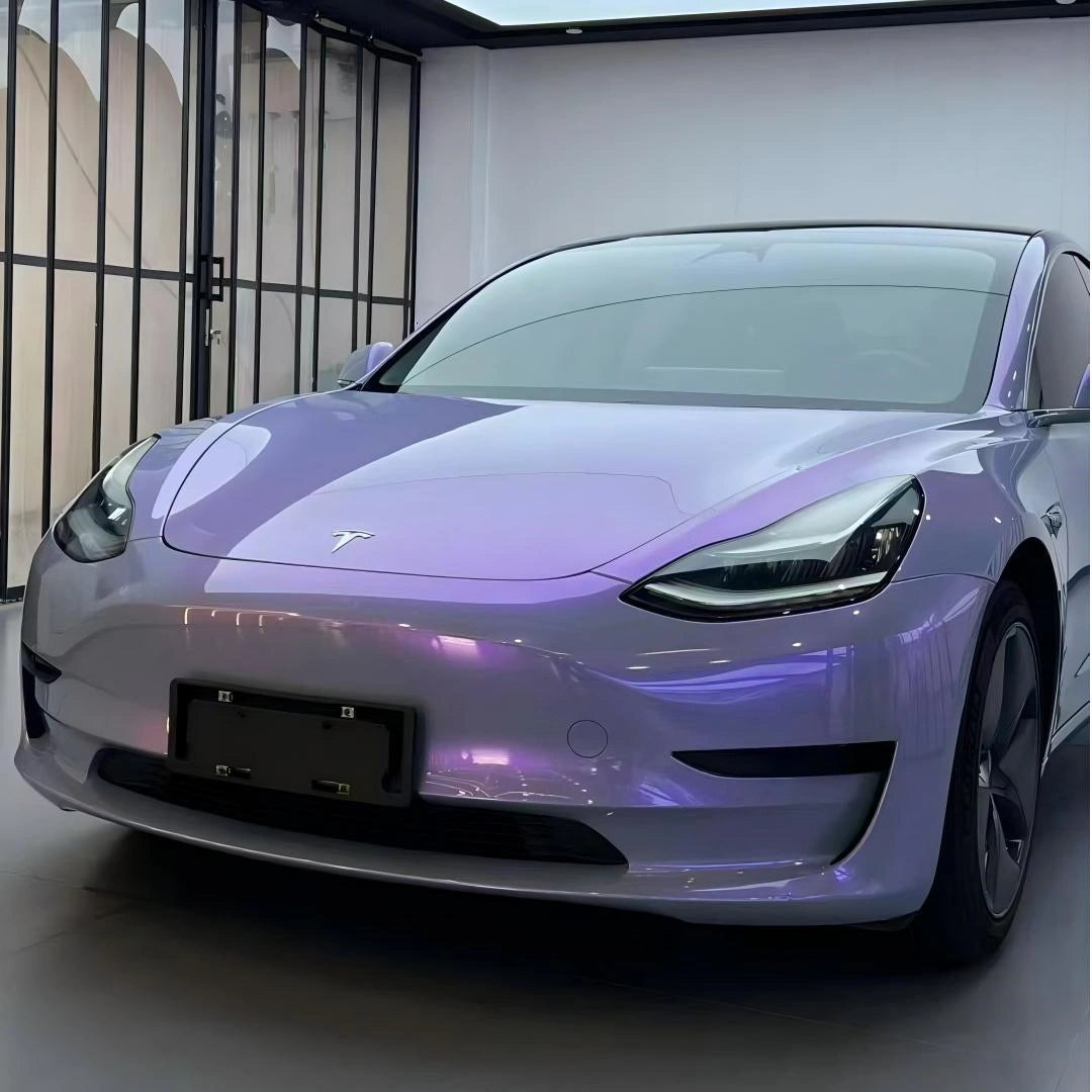 Front view of Mystic Violet color shift wrap on Tesla Model 3 - grey to purple effect - Kaleido