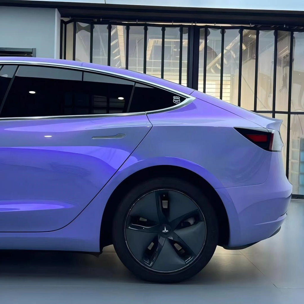 Mystic Violet color shift film on Tesla Model 3 rear-left - grey to purple transition - Kaleido