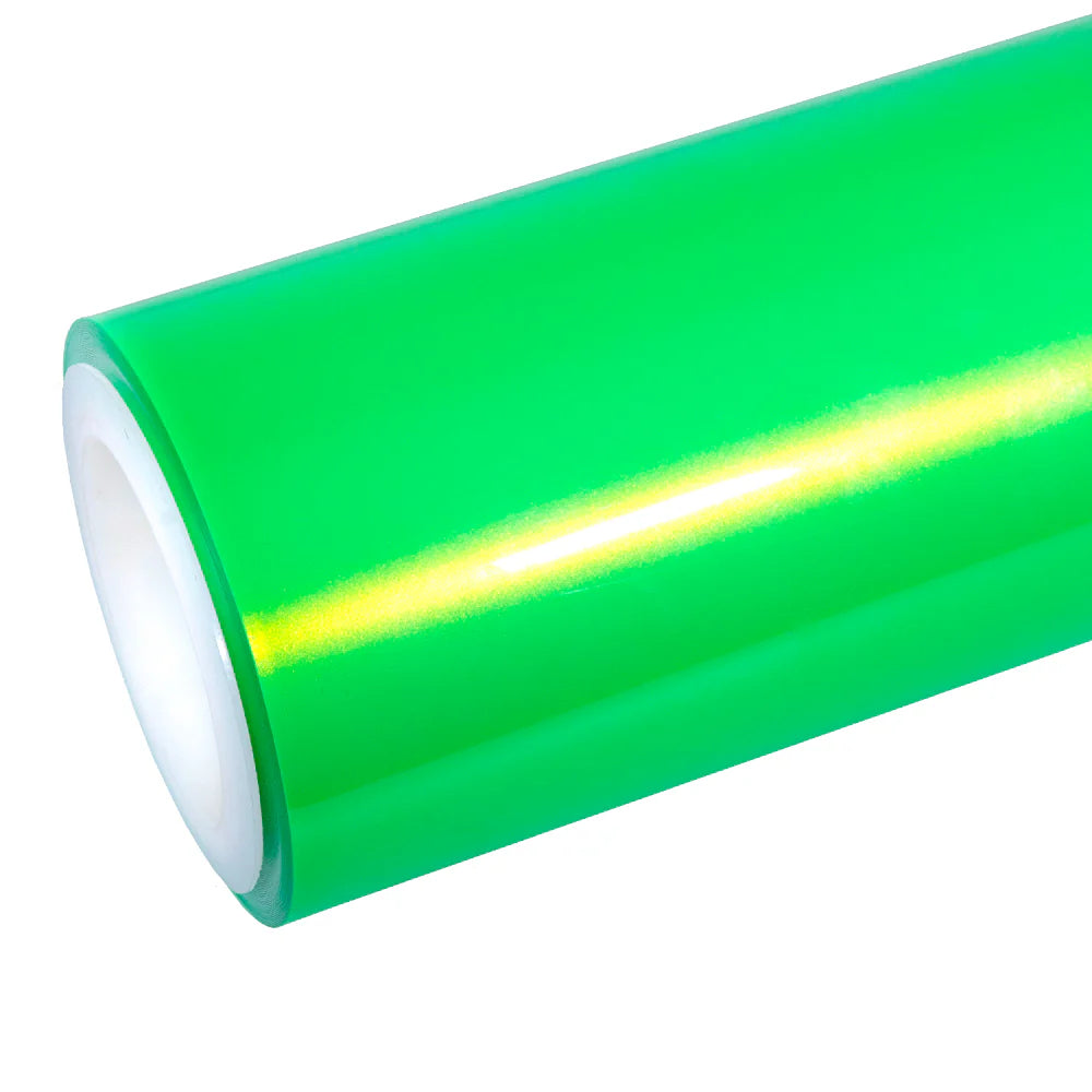 Neon Gold Green color shift vinyl wrap roll on white background - Dynamic color change from green to gold - Kaleido