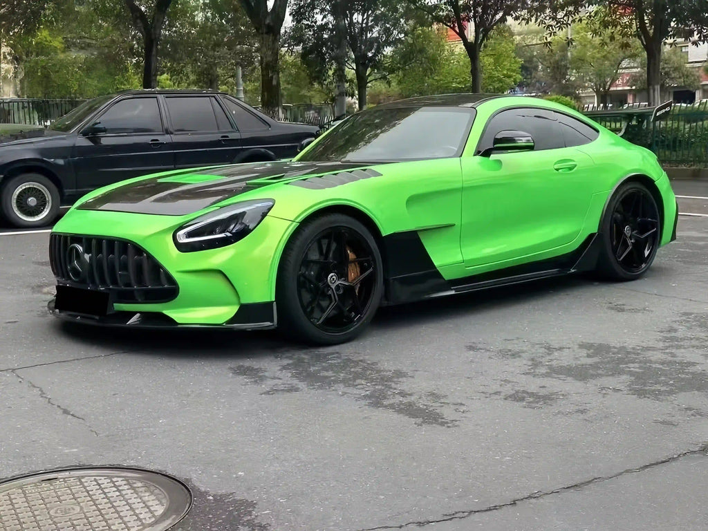 Modified Mercedes-AMG GT in Neon Gold Green - front-left view with widebody kit - Kaleido