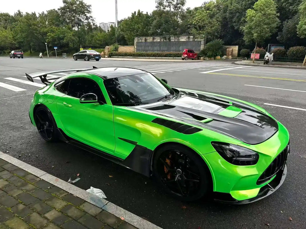 Neon Gold Green color shift vinyl on modified AMG GT front-right - highlighting wide arches - Kaleido