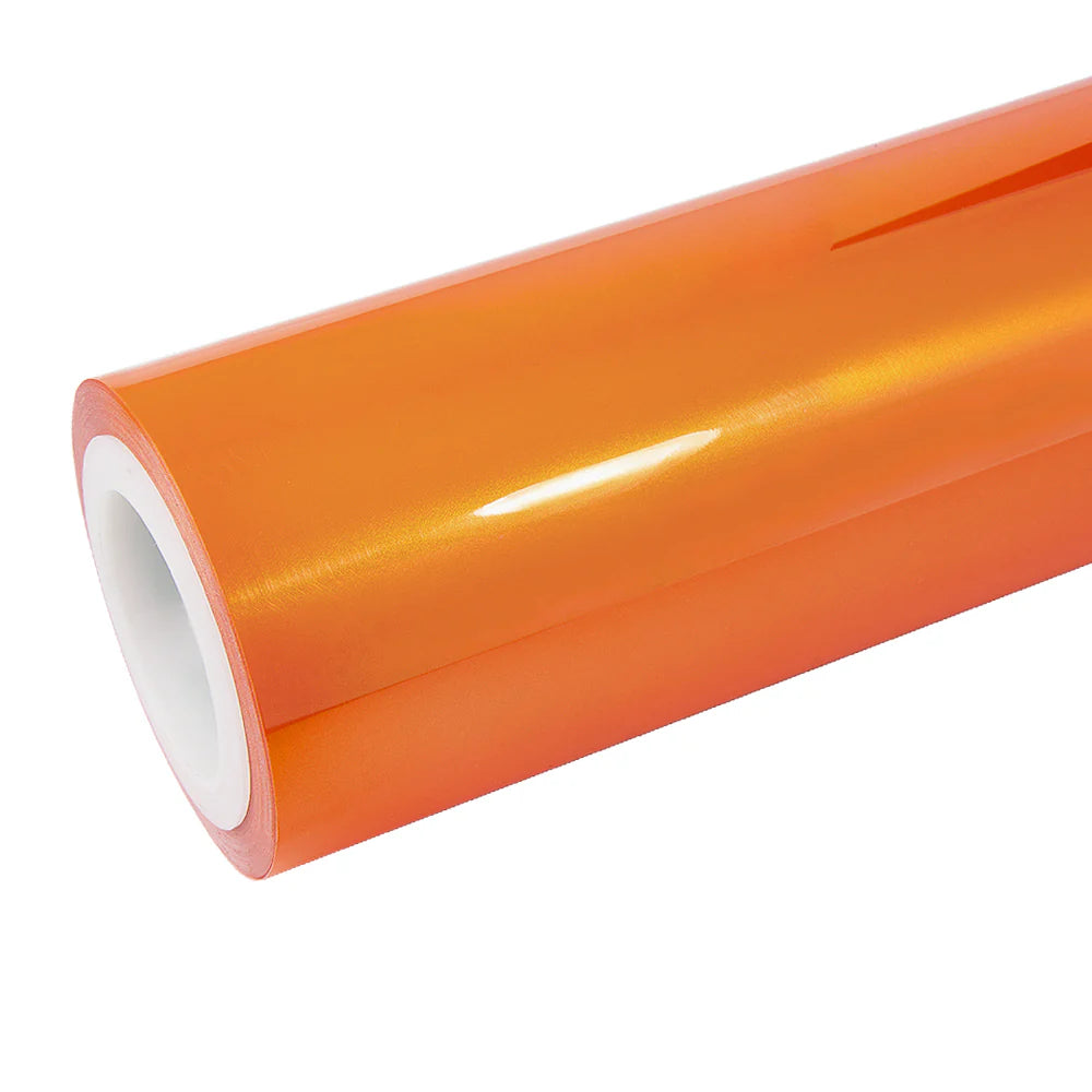 Neon Gold Orange color shift vinyl wrap roll on white background - Dynamic color change from radiant gold to vibrant orange - Kaleido