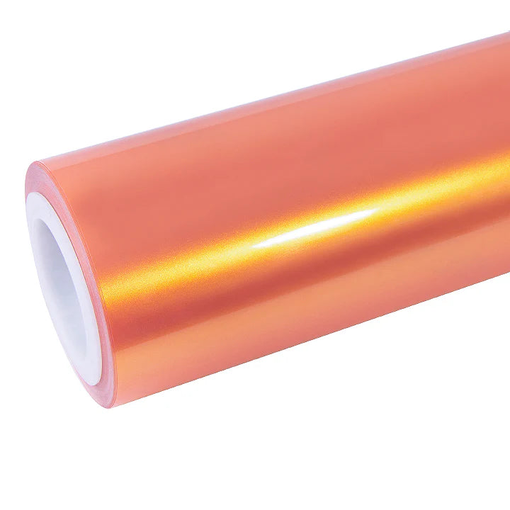 Neon Gold Pink Color Shift vinyl wrap roll on white background - Vibrant fluorescent film with golden-pink color transition - Kaleido