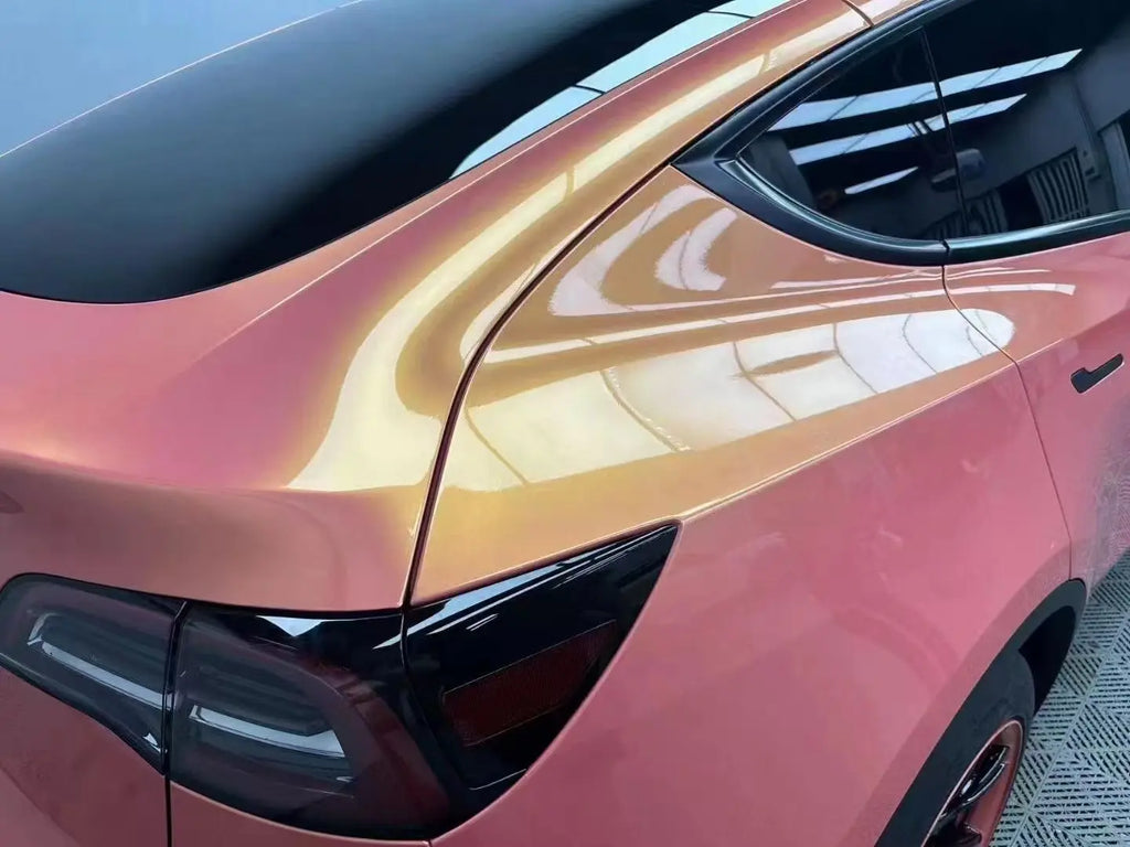 Neon Gold Pink color shift detail on Tesla Model Y rear-right quarter - Kaleido