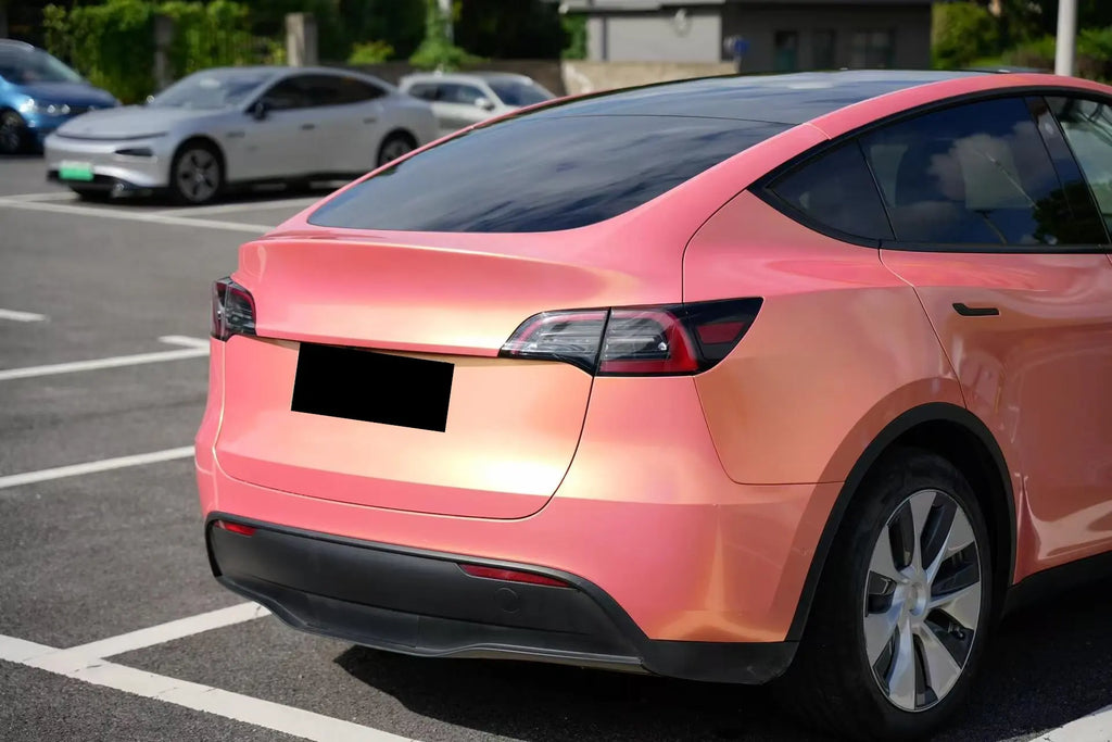 Neon Gold Pink color shift on Tesla Model Y rear-right quarter panel - Kaleido
