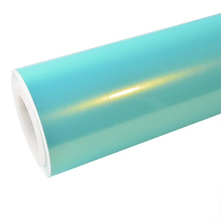 Neon Ice Blue Color Shift vinyl wrap roll on white background - Fluorescent icy blue film with dynamic color change - Kaleido