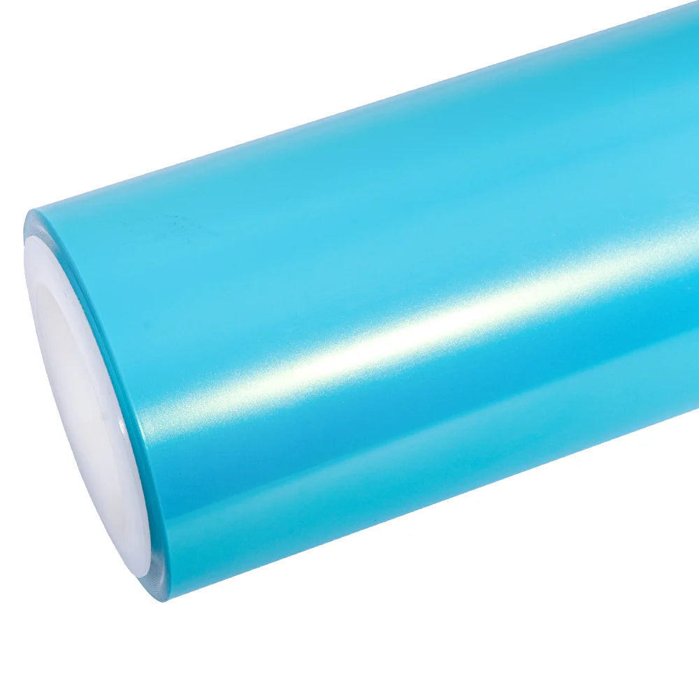 Neon Sky Blue color shift vinyl wrap roll on white background - Shifts from electric blue to vibrant coral - Kaleido