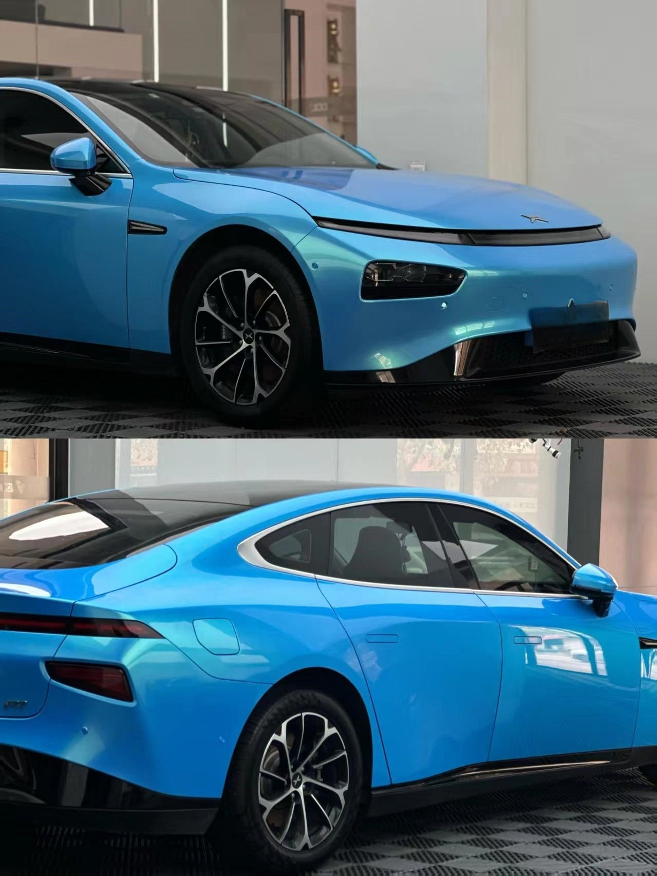 Angle comparison collage of Neon Sky Blue wrapped Xpeng P7 - front-wheel harmony above, rear diffuser details below - Kaleido