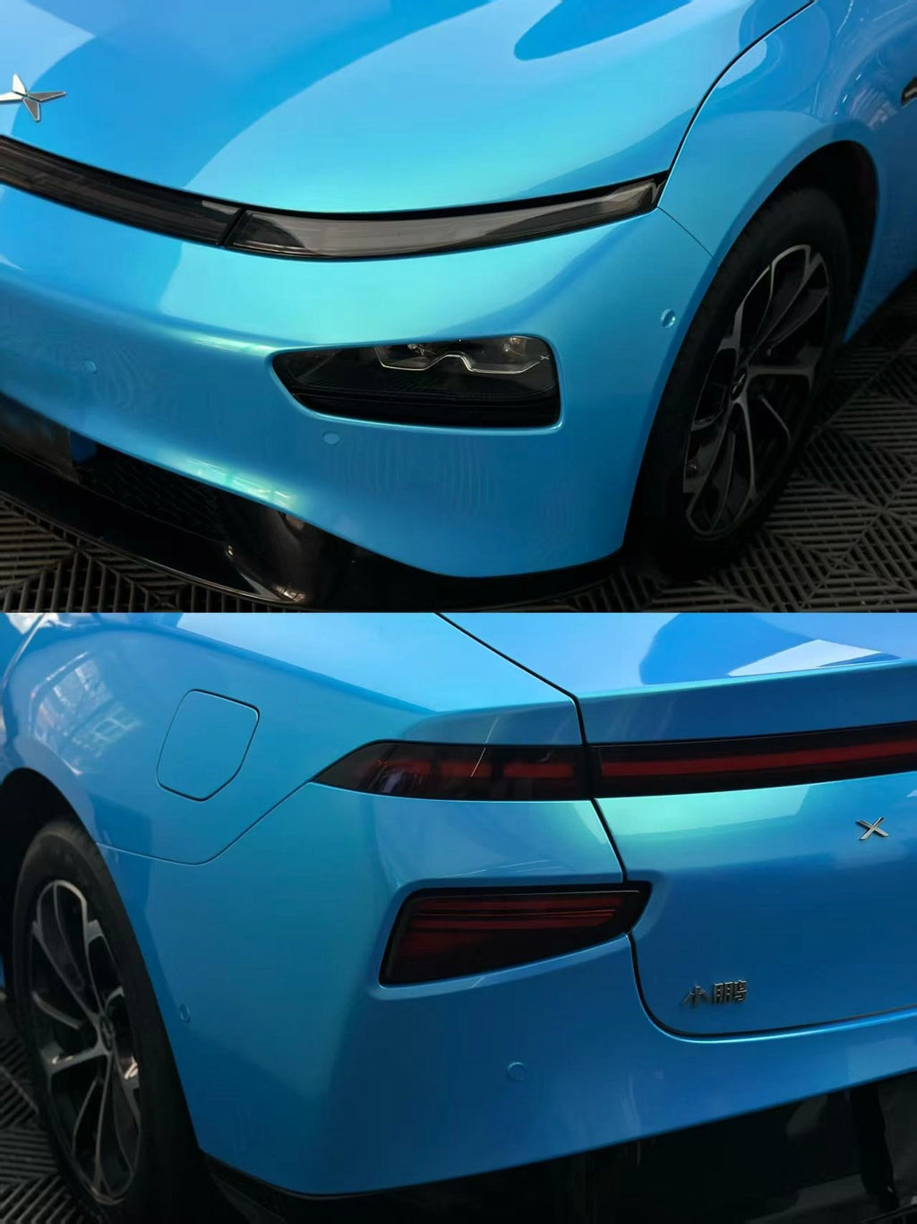 Neon Sky Blue vinyl wrap details on Xpeng P7 - collage comparing front-left corner precision work and rear-left panel seamless coverage - Kaleido
