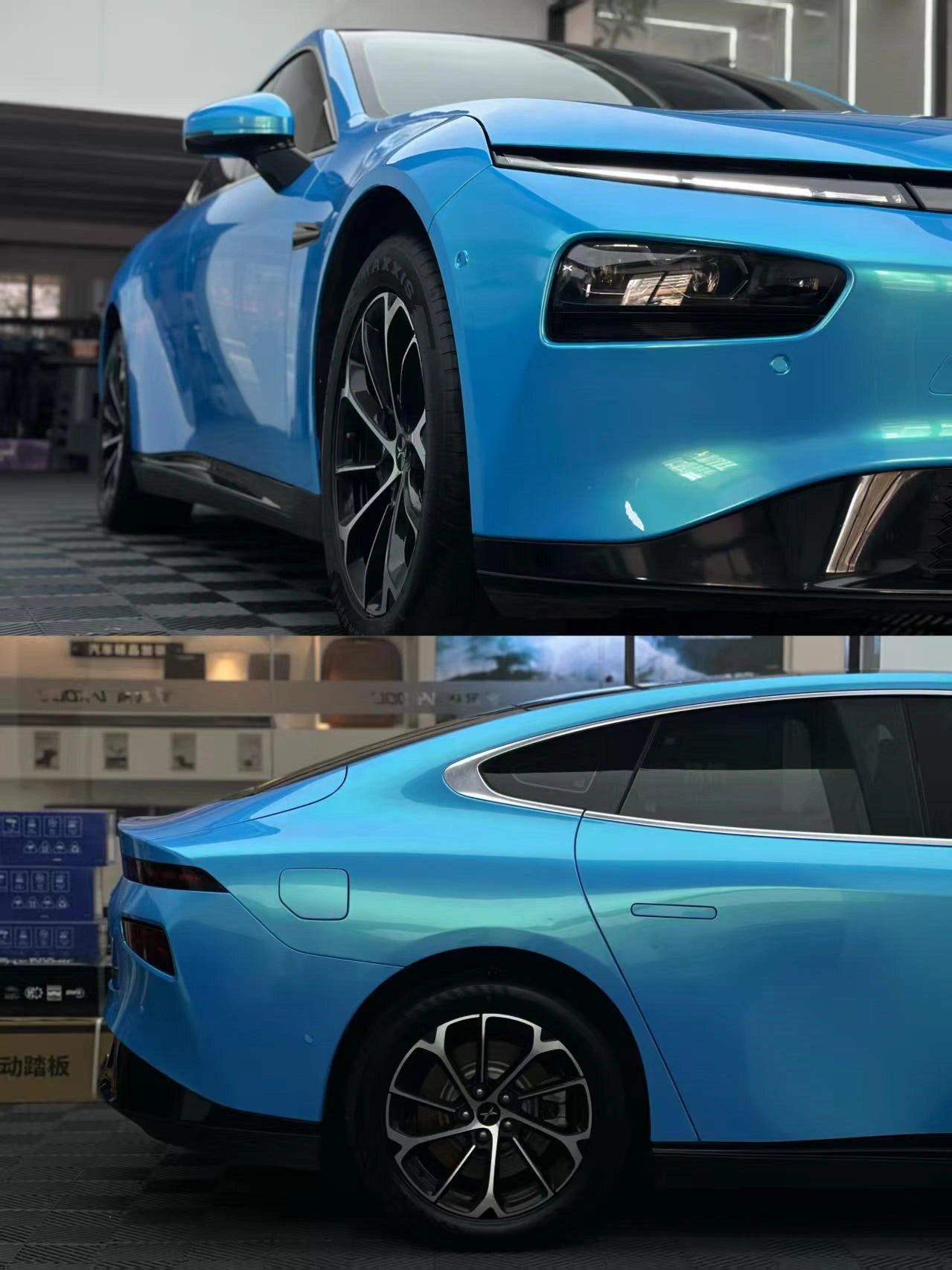 Xpeng P7 in Neon Sky Blue color shift wrap - collage showing front-side view with wheel arch and rear-side view with fastback design - Kaleido