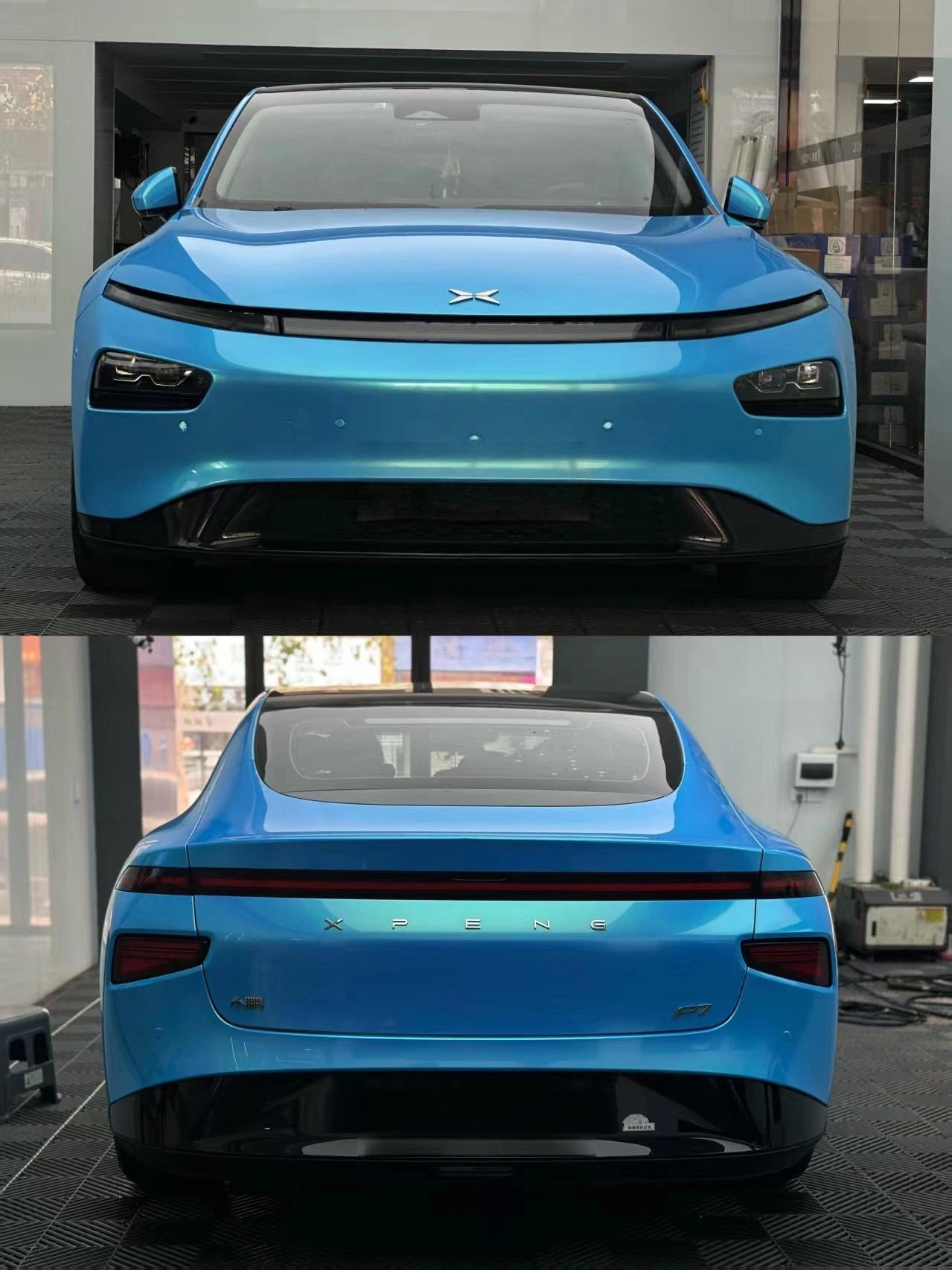 Front and rear view collage of Xpeng P7 in Neon Sky Blue - electric sedan styling above, full-width light bar below - Kaleido