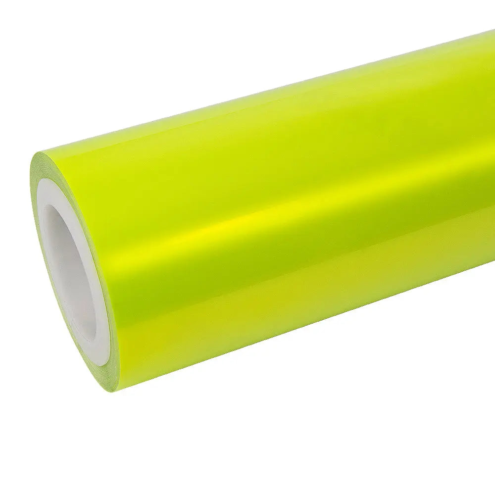 Neon Yellow Color Shift vinyl wrap roll on white background - Vibrant fluorescent film with dynamic color change - Kaleido