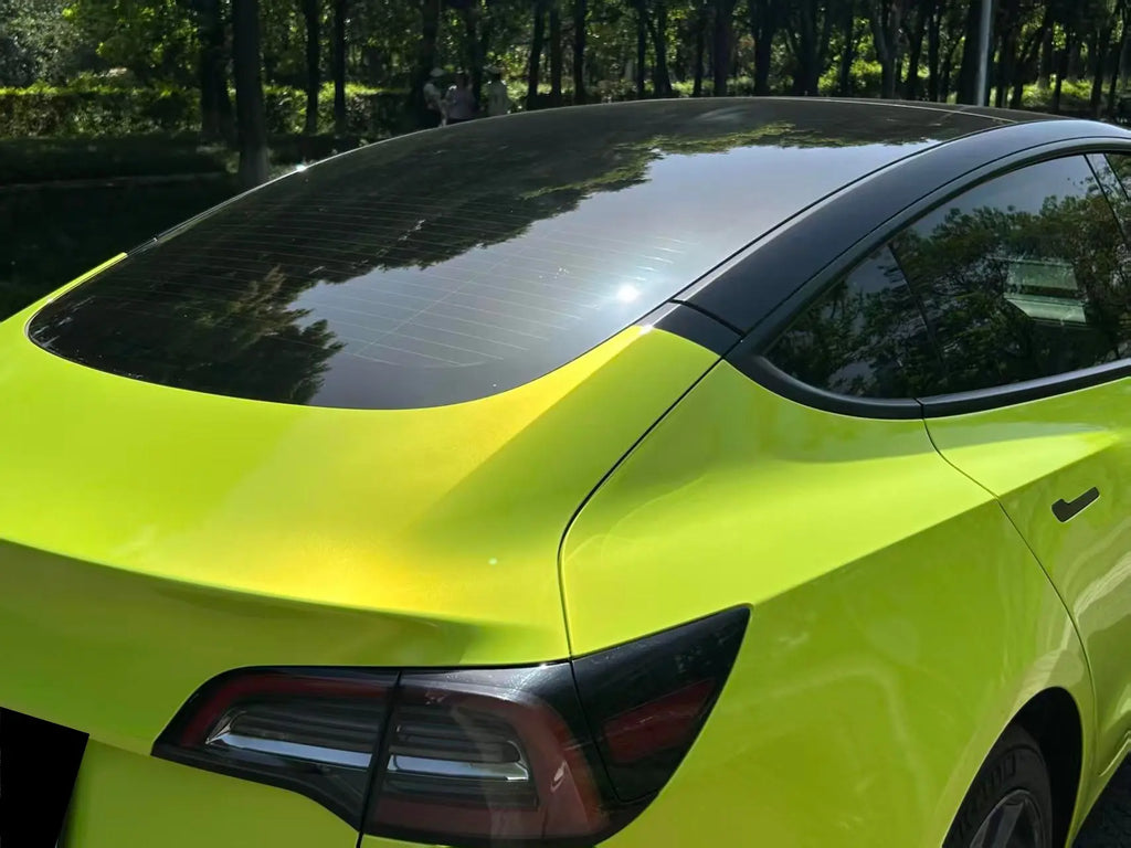 Neon Yellow color shift on Tesla Model 3 rear quarter panel and trunk - Kaleido