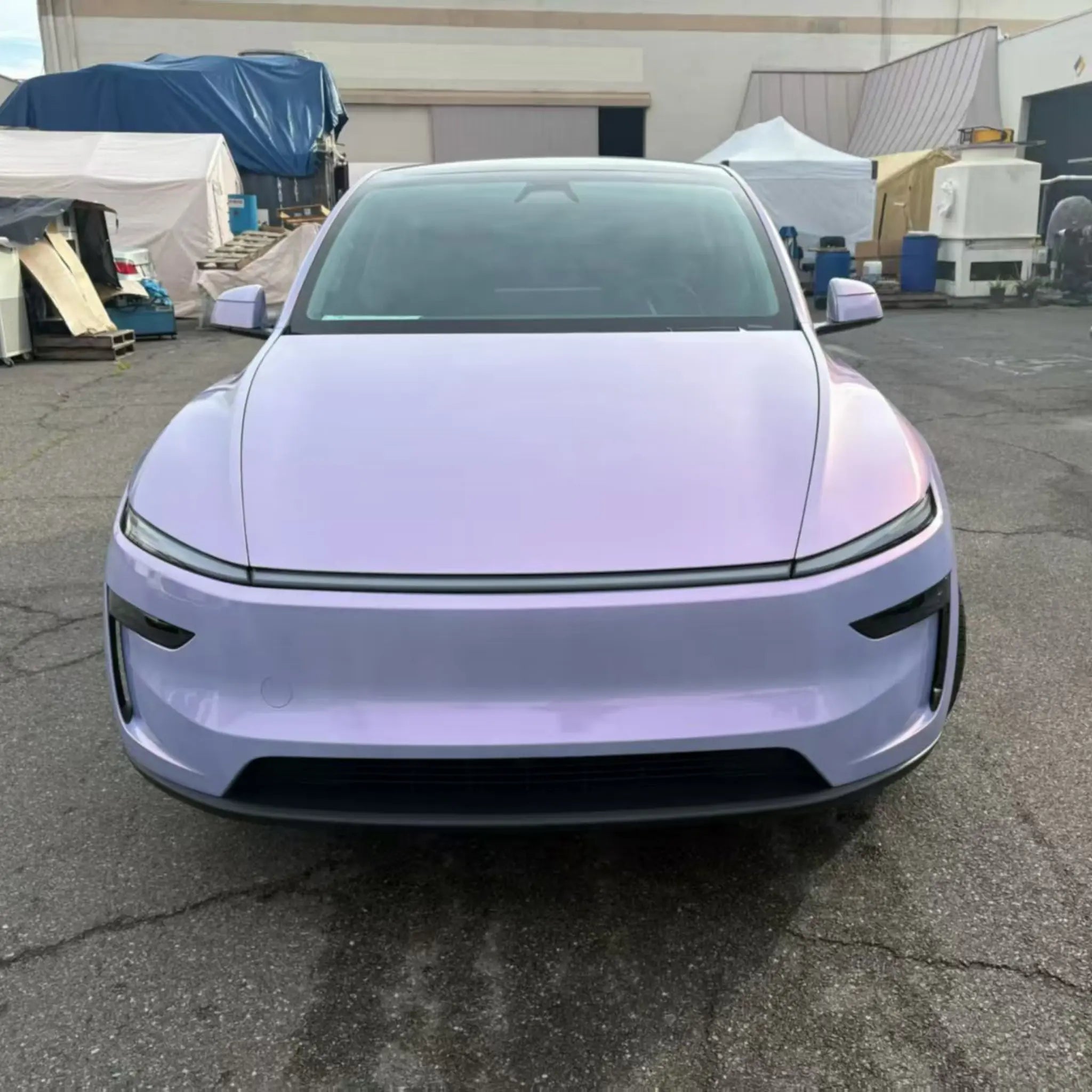 Front view of Tesla Model Y in Color Shift Pearl Blue Pink vinyl wrap - Kaleido