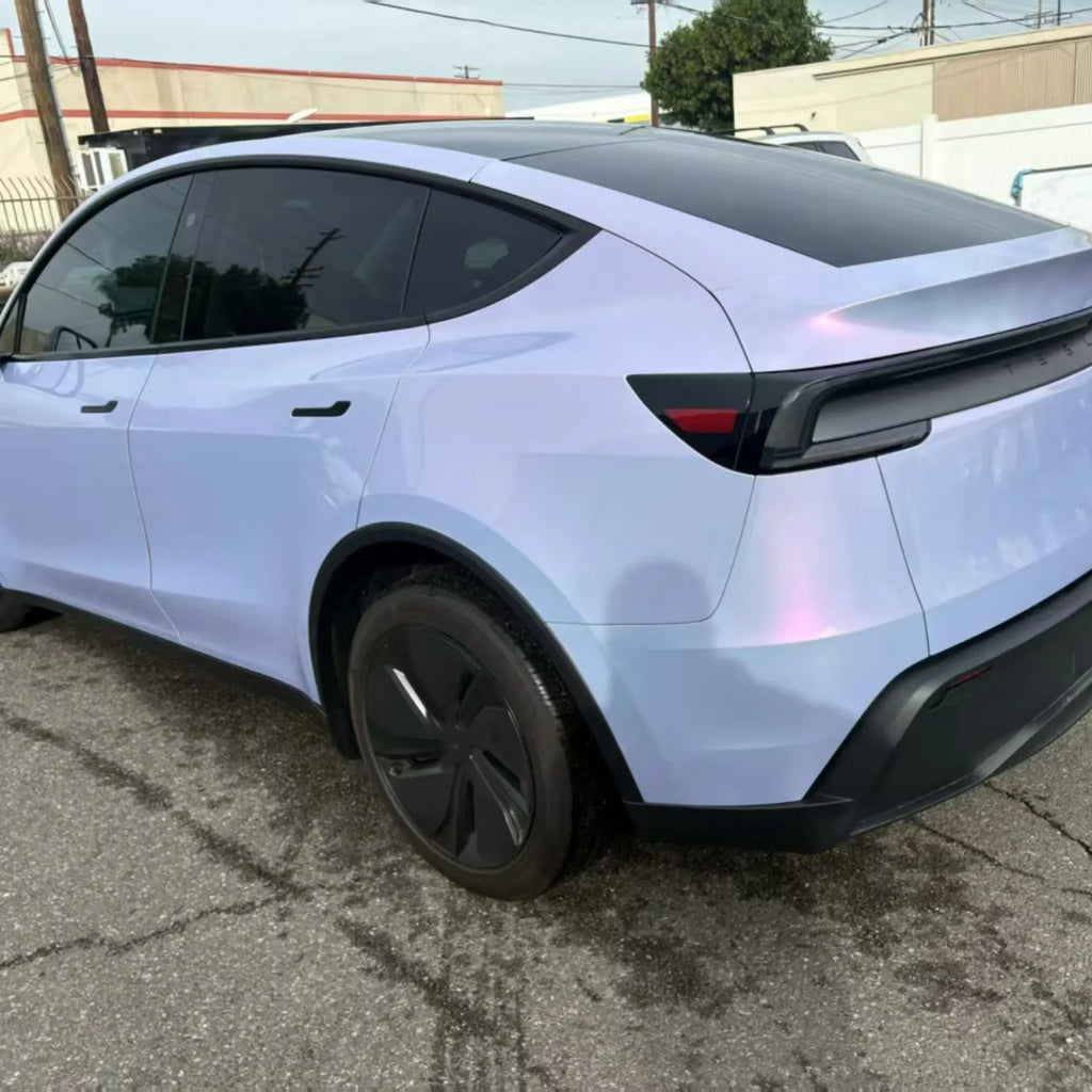 Tesla Model Y with Color Shift Pearl Blue Pink wrap - rear-left angle - Kaleido