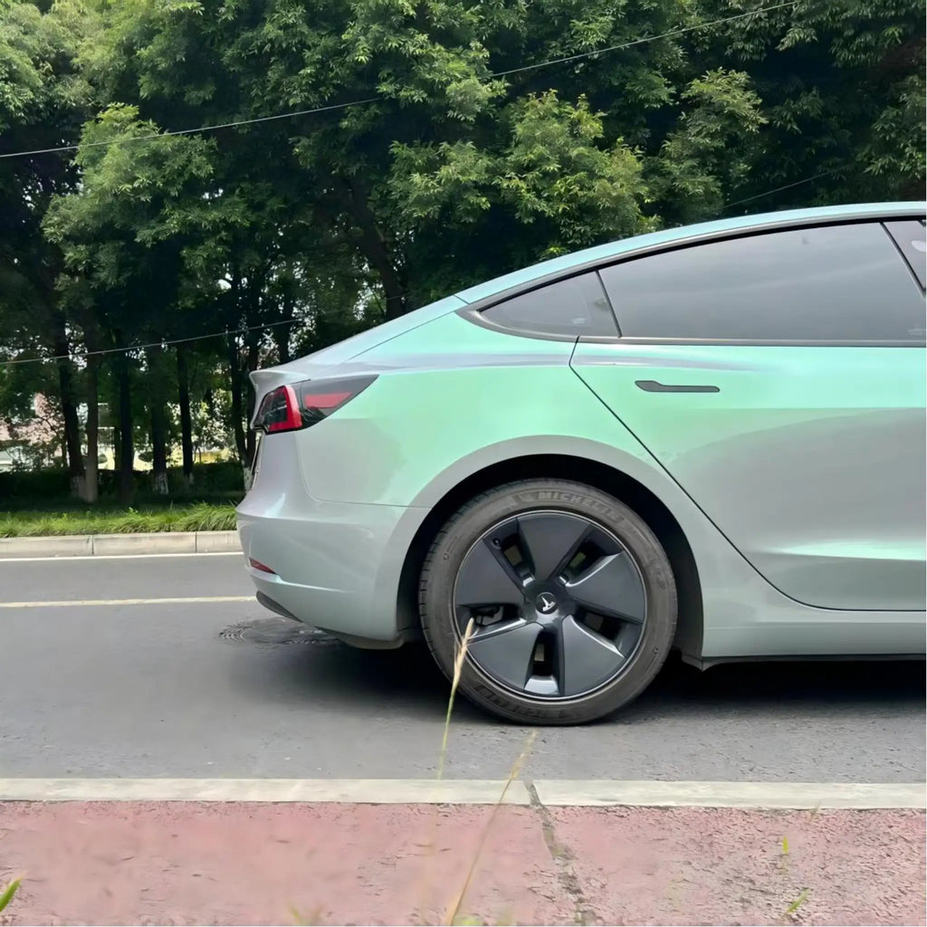 Phantom Moss color shift film on Tesla Model 3 rear-right - grey to green transition - Kaleido