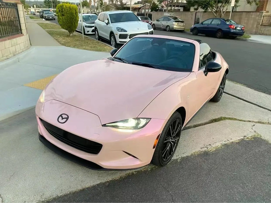 Top-down front-left view of Color Shift Pink Purple wrapped Mazda MX-5 - Kaleido