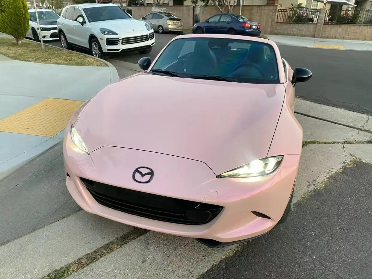 Top-down front view of Mazda MX-5 in Color Shift Pink Purple wrap - Kaleido