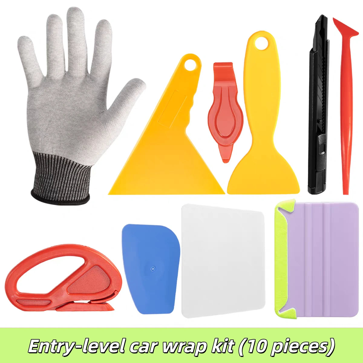 Entry-level car wrap tool kit on white background - 10-piece vinyl wrap installation set for beginners - Kaleido