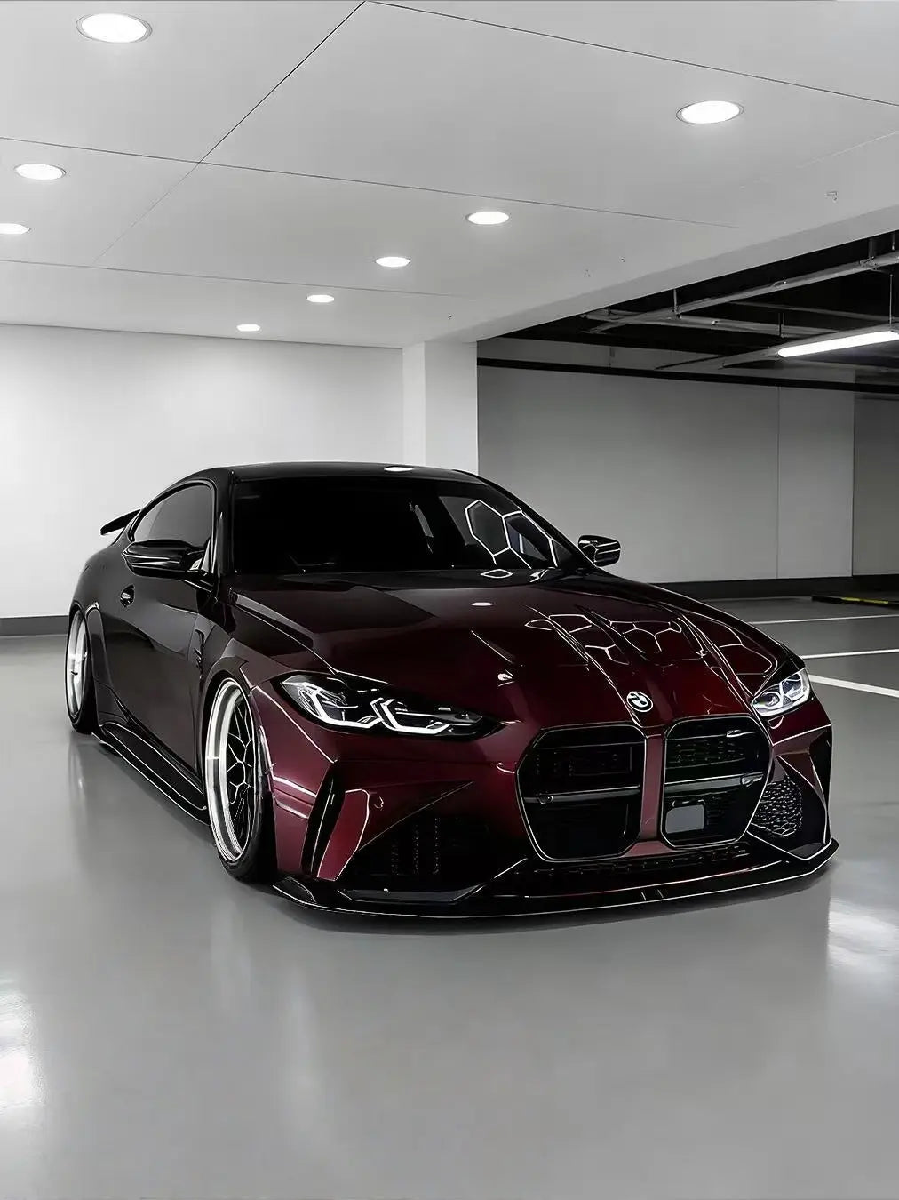 Gloss Metallic Black Rose wrap on BMW M4 - front-right angle with purple-red metallic shimmer - Kaleido