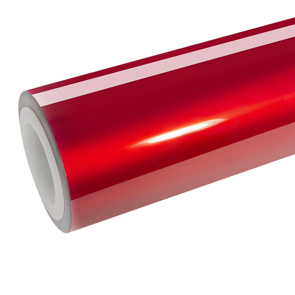 Gem Red gloss metallic vinyl wrap roll on white background - Deep ruby red color with brilliant crystal sparkle - Kaleido