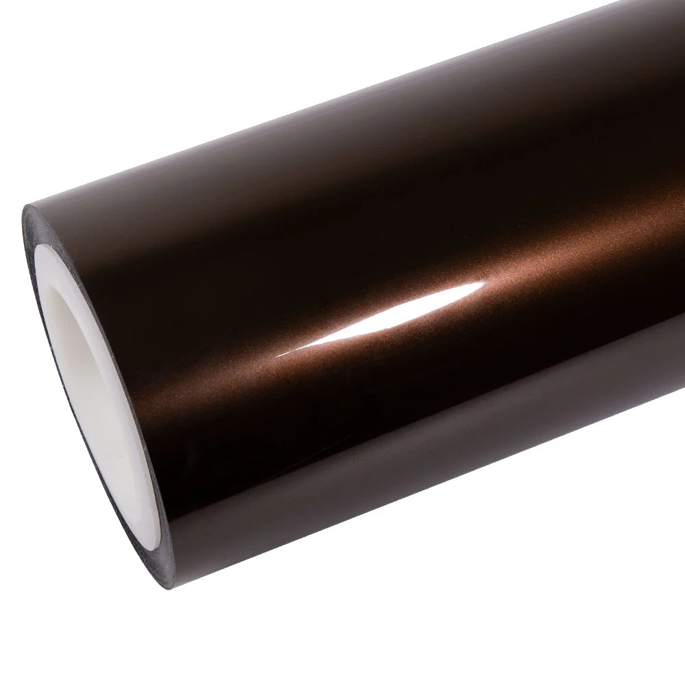 Mocha Truffle gloss metallic vinyl wrap roll on white background - Warm brown color with fine metal flakes - Kaleido