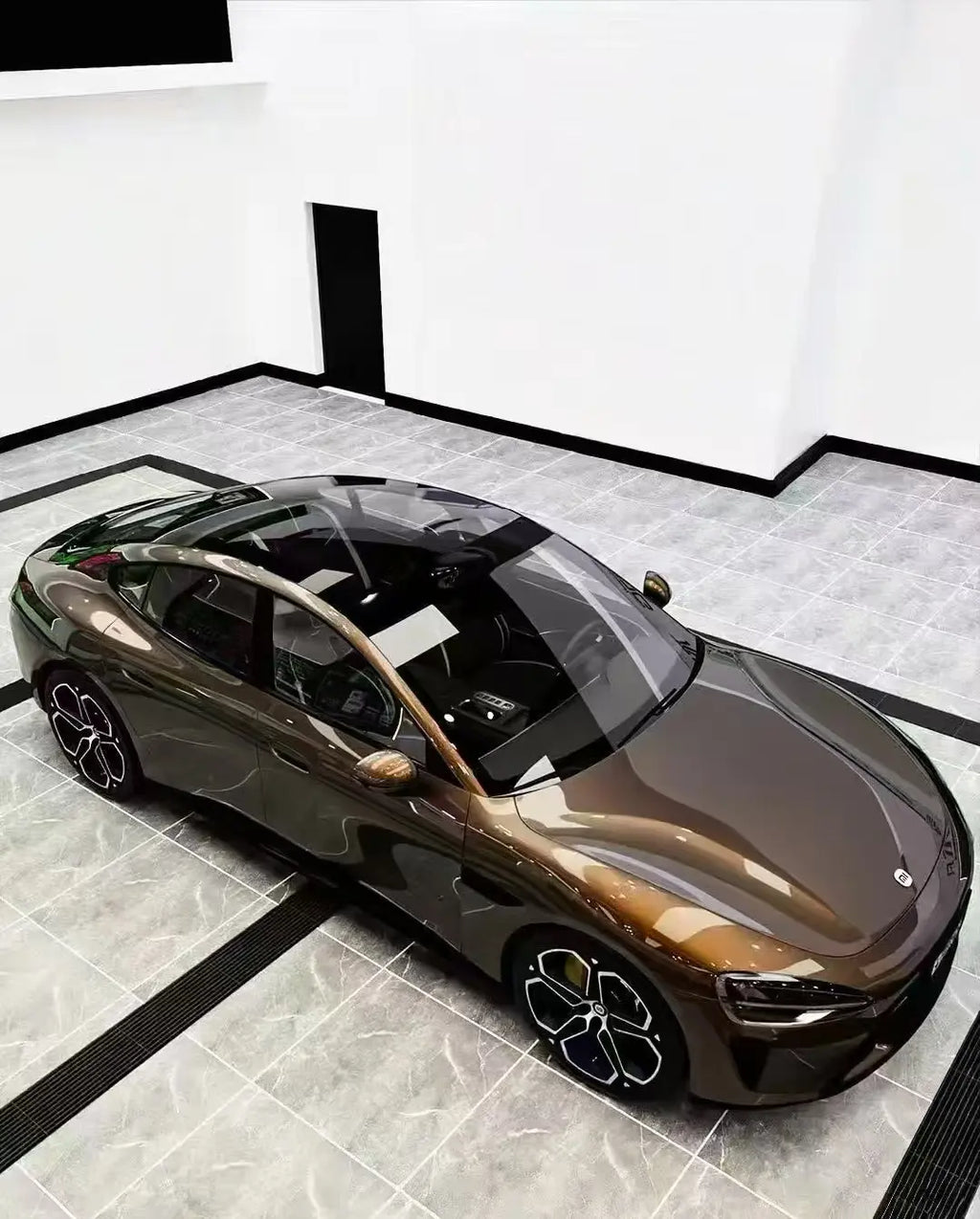 Mocha Truffle gloss metallic wrap on Xiaomi concept coupe - front-right view showcasing sleek EV design - Kaleido