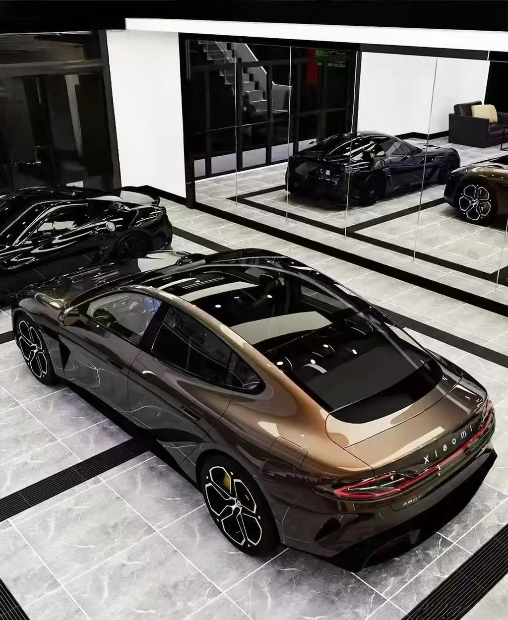 Xiaomi concept coupe in Mocha Truffle metallic - rear-left view highlighting fastback silhouette - Kaleido