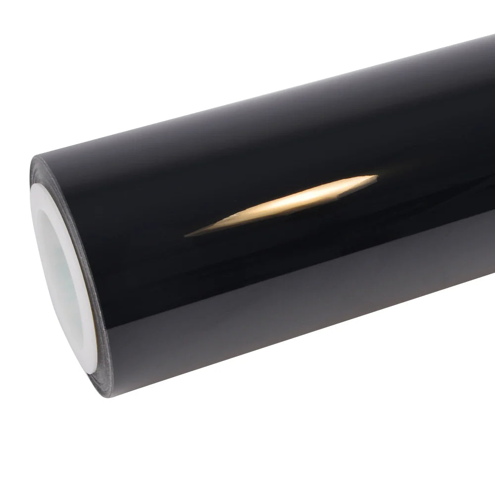 Piano Black gloss vinyl wrap roll on white background - Pure, deep mirror finish by Kaleido