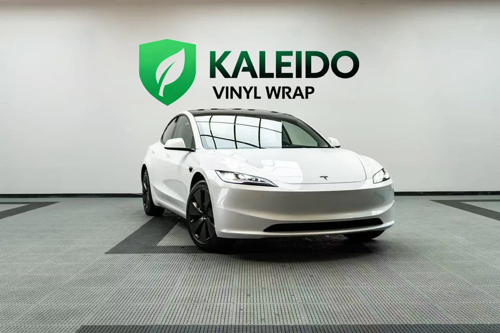 Gloss Piano White vinyl on a Tesla Model 3 - front-right angle - Kaleido