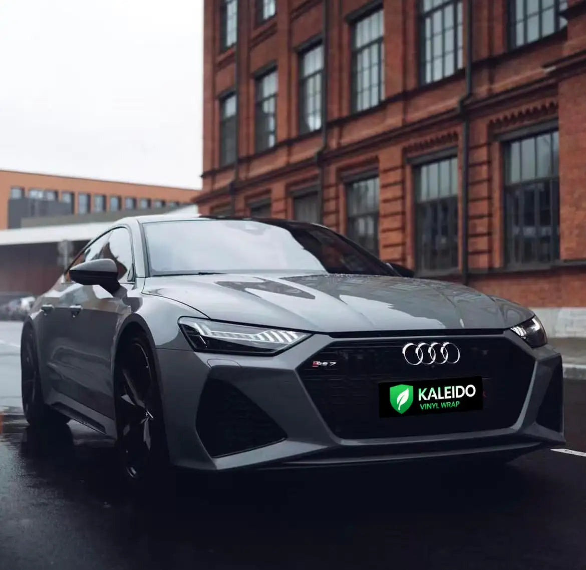 Gloss RS Nardo Grey Deep wrap on an Audi RS7 Sportback - front-right angle - Kaleido