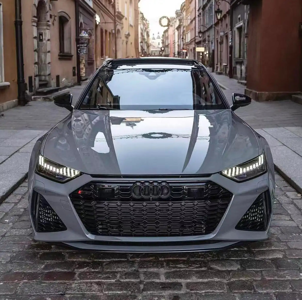 Front view of an Audi RS7 Sportback wrapped in Gloss RS Nardo Grey Deep - Kaleido